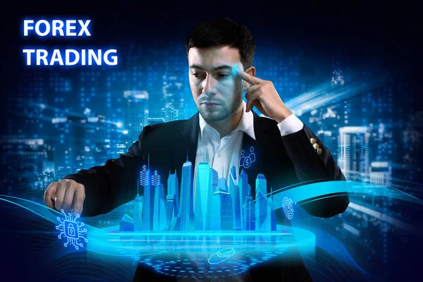 Business Technology Internet Network Concept Young Businessman Working Virtual Screen — Stock Photo, Image