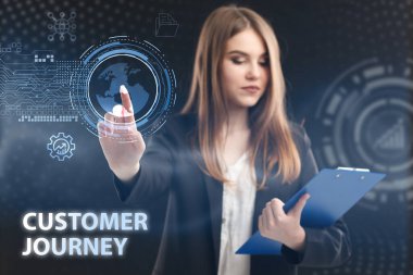 İş, Teknoloji, İnternet ve ağ konsepti. Genç işadamı geleceğin sanal ekranında çalışıyor ve yazıyı görüyor: müşteri seyahati