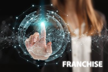 İş, Teknoloji, İnternet ve ağ konsepti. Genç işadamı geleceğin sanal ekranı üzerinde çalışıyor ve yazıyı görüyor: