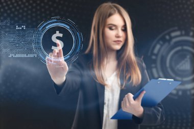 İş, Teknoloji, İnternet ve ağ konsepti. Genç işadamı geleceğin sanal ekranı üzerinde çalışıyor ve yazıyı görüyor.: 