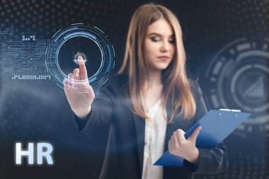 İş, Teknoloji, İnternet ve ağ konsepti. Genç işadamı geleceğin sanal ekranı üzerinde çalışıyor ve yazıyı görüyor: