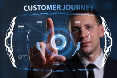 İş, Teknoloji, İnternet ve ağ konsepti. Genç işadamı geleceğin sanal ekranında çalışıyor ve yazıyı görüyor: müşteri seyahati