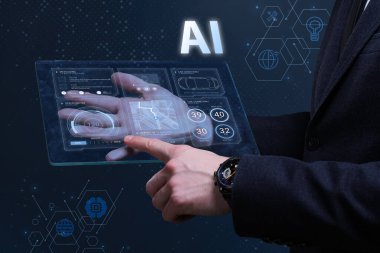 İş, Teknoloji, İnternet ve ağ konsepti. Finansal Grafik. Borsa çizelgesi. Genç işadamı geleceğin sanal ekranı üzerinde çalışıyor ve yazıyı görüyor: