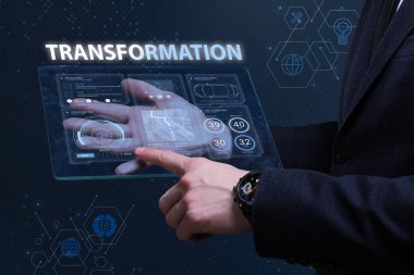 İş, Teknoloji, İnternet ve ağ konsepti. Finansal Grafik. Borsa çizelgesi. Genç işadamı geleceğin sanal ekranı üzerinde çalışıyor ve yazıyı görüyor: