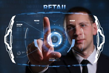 İş, Teknoloji, İnternet ve ağ konsepti. Genç işadamı geleceğin sanal ekranı üzerinde çalışıyor ve yazıyı görüyor: