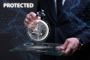 İş, Teknoloji, İnternet ve ağ konsepti. Finansal Grafik. Borsa çizelgesi. Genç işadamı geleceğin sanal bir ekranı üzerinde çalışıyor ve yazıyı görüyor: