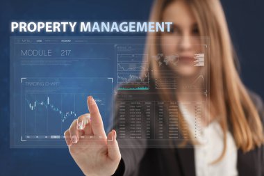 İş, Teknoloji, İnternet ve ağ konsepti. Genç işadamı geleceğin sanal ekranı üzerinde çalışıyor ve yazıyı görüyor: mülkiyet yönetimi