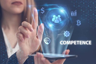 İş, Teknoloji, İnternet ve ağ konsepti. Genç işadamı geleceğin sanal ekranı üzerinde çalışıyor ve yazıyı görüyor: