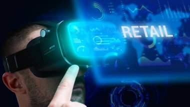 İş, Teknoloji, İnternet ve ağ konsepti. Genç işadamı geleceğin sanal ekranı üzerinde çalışıyor ve yazıyı görüyor: