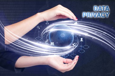 İş, Teknoloji, İnternet ve ağ konsepti. Genç işadamı geleceğin sanal ekranı üzerinde çalışıyor ve yazıyı görüyor: