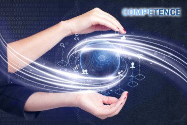 İş, Teknoloji, İnternet ve ağ konsepti. Genç işadamı geleceğin sanal ekranı üzerinde çalışıyor ve yazıyı görüyor: