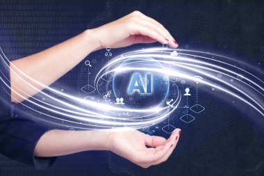 İş, Teknoloji, İnternet ve ağ konsepti. Genç işadamı geleceğin sanal ekranı üzerinde çalışıyor ve yazıyı görüyor: