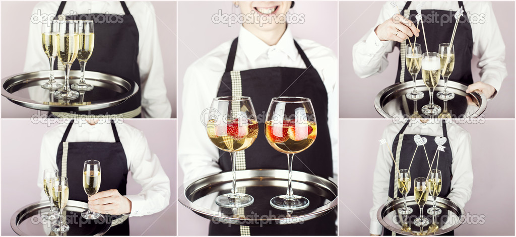 Waiter carrying a tray with champagne