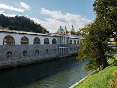 The covered market of Plecnik side by side with the Ljubljanica river in the center of Ljubljana (Slovenia, October 2021)