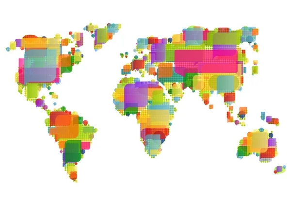 Mapa del mundo hecho de burbujas de discurso colorido concepto ilustración b — Vector de stock