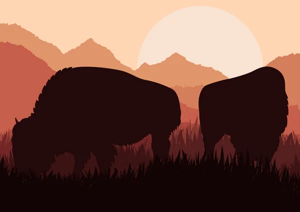 Familia bisonte en América salvaje naturaleza paisaje vector — Archivo Imágenes Vectoriales