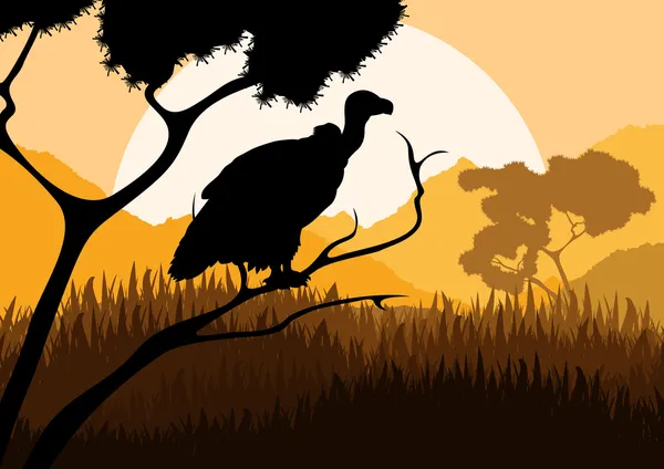 Avvoltoio caccia di uccelli in natura selvaggia paesaggio vettore — Vettoriale Stock