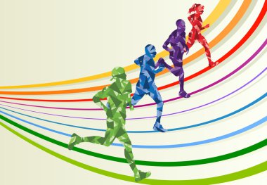 maraton koşucular renkli gökkuşağı peyzaj arka planda