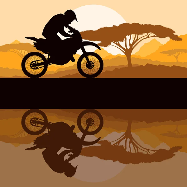 Motociclista silueta de la motocicleta en el paisaje salvaje de montaña — Vector de stock