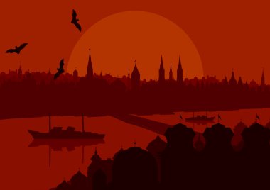 Halloween night old scary city town landscape with flying bats