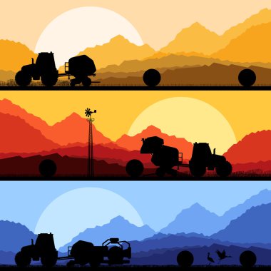 Agriculture tractors making hay bales in cultivated country fiel clipart