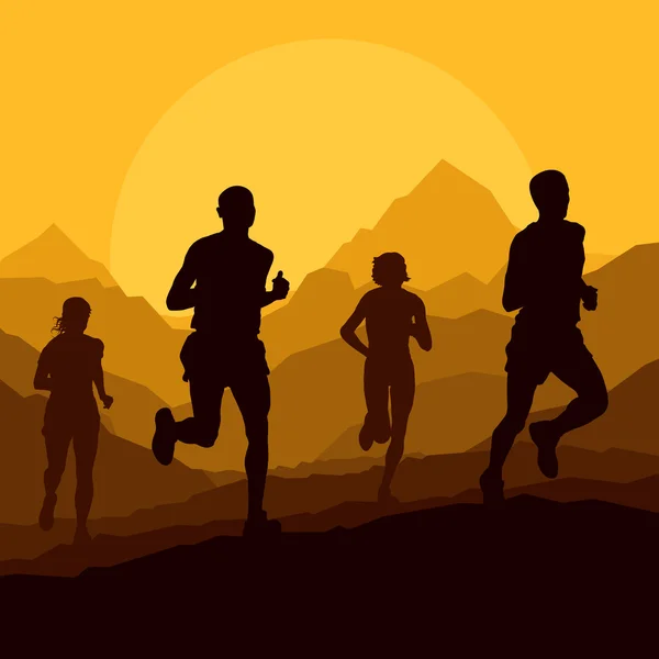 Marathon runners in wild nature mountain landscape background — Stock Vector