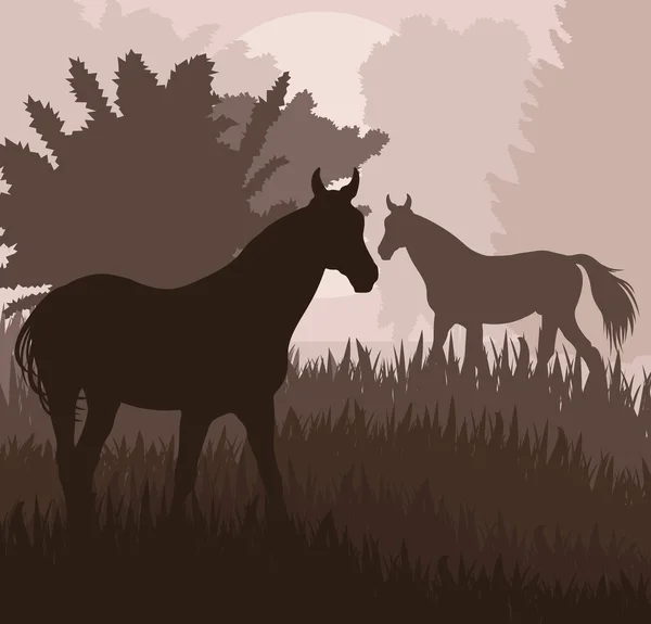 Paarden in vector achtergrond van een veld — Stockvector