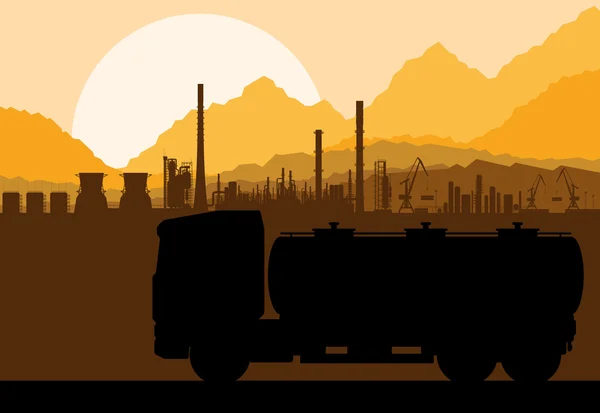 Przemysłowe ropy naftowej rafinerii fabryki i benzyna ciężarówka cysterny — Wektor stockowy