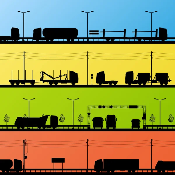 Paysage routier autoroutier et camions lourds silhouette détaillée — Image vectorielle