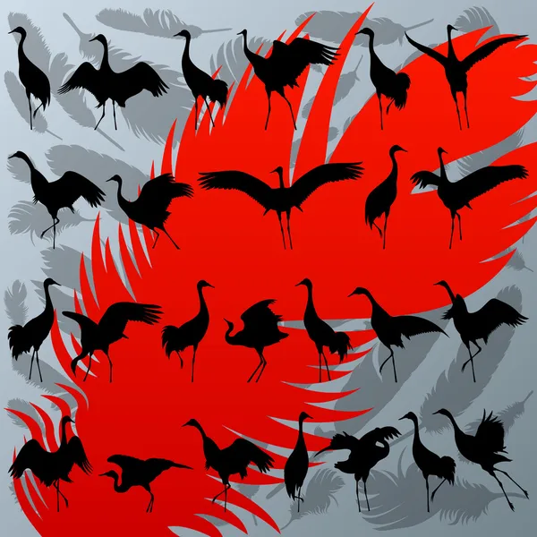 Gru uccello e piume dettagliate silhouette illustrazione raccogliere — Vettoriale Stock