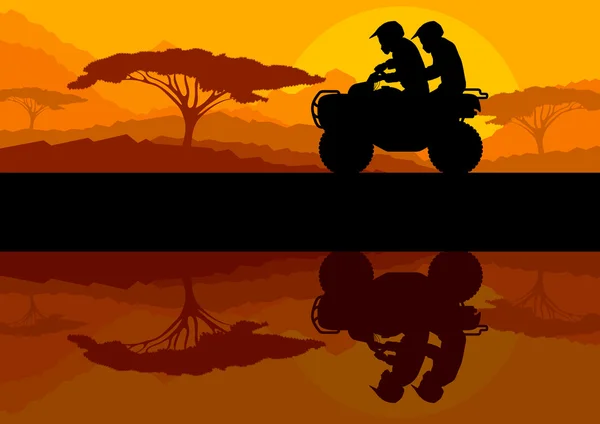 Vehículo todo terreno quad motociclistas en la naturaleza salvaje landsca — Vector de stock