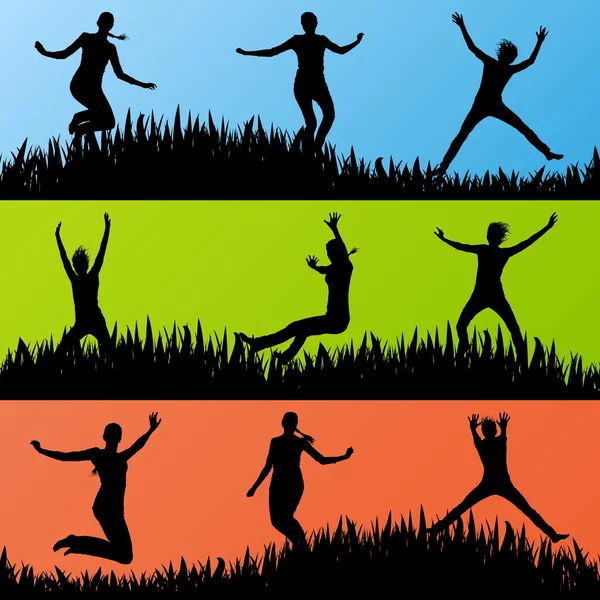 Цветные прыжки детей силуэты фоновый вектор — стоковый вектор