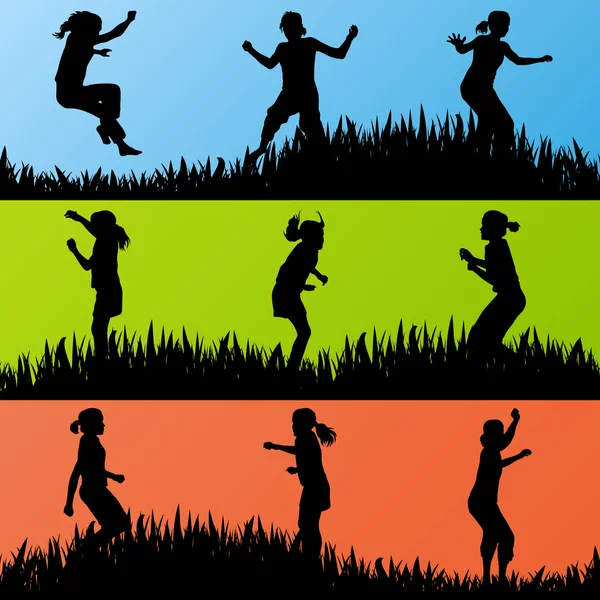 Coloré sautant enfants silhouettes fond vecteur — Image vectorielle