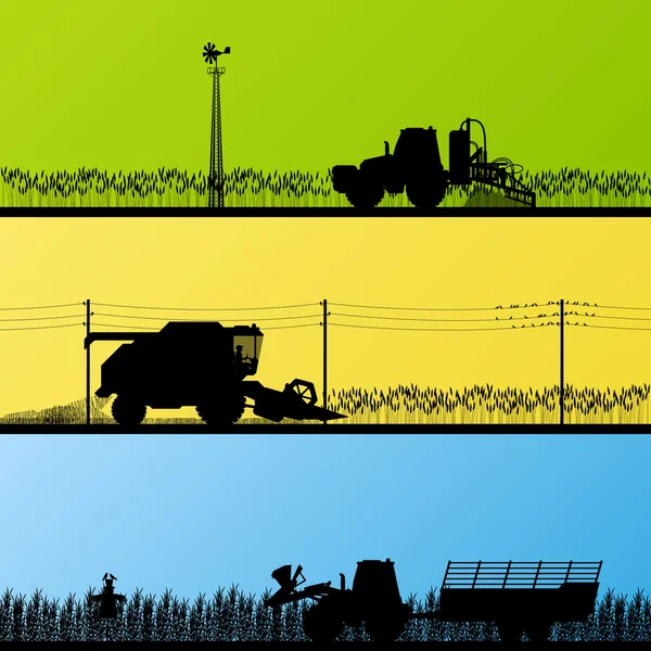 Agriculture tractors and harvesters in cultivated country fields