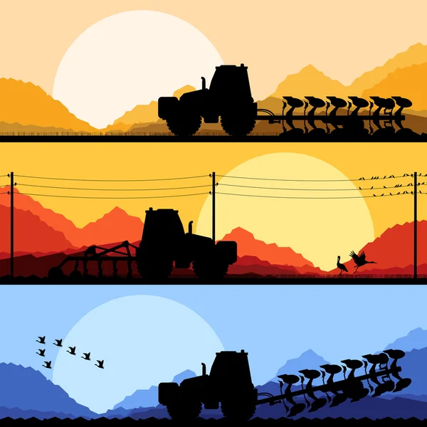 Tracteurs agricoles labourant les terres dans un champ cultivé — Image vectorielle
