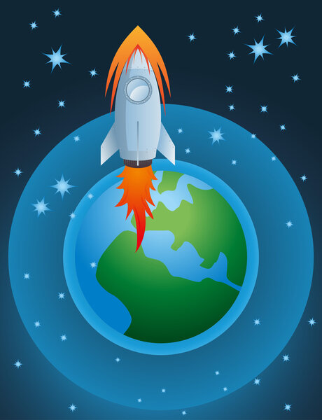 Rocket going out of atmosphere and earth globe vector