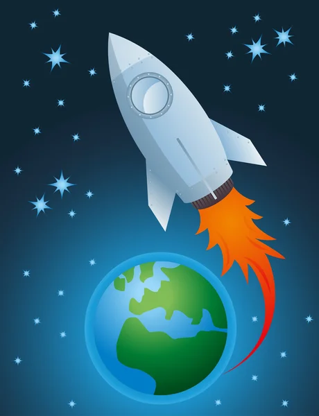 Rocket going out of atmosphere and earth globe vector — Stock Vector