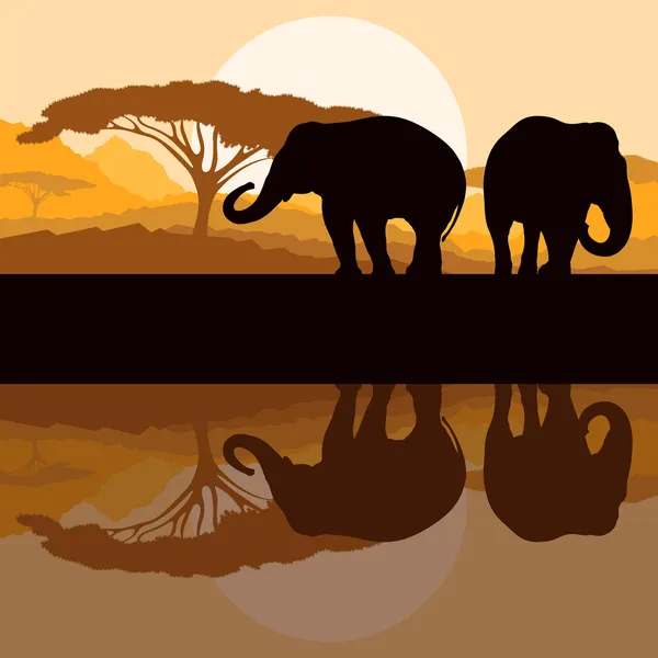 大象家庭在野生非洲山自然景观 backgro — 图库矢量图片