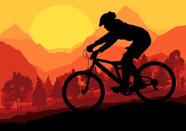 Mountain bike riders in wild forest mountain nature landscape ve clipart