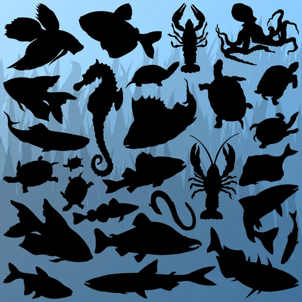Pesci di mare, tartarughe, gamberi, aragoste, polpi e cavallucci marini — Vettoriale Stock