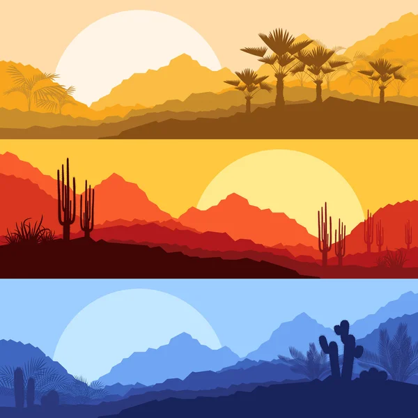 Paisajes de naturaleza salvaje del desierto con cactus y palmeras — Vector de stock