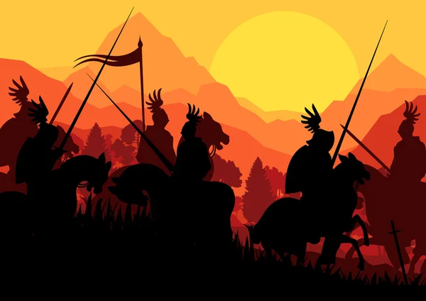 Medieval knight horseman silhouettes — Stock Vector