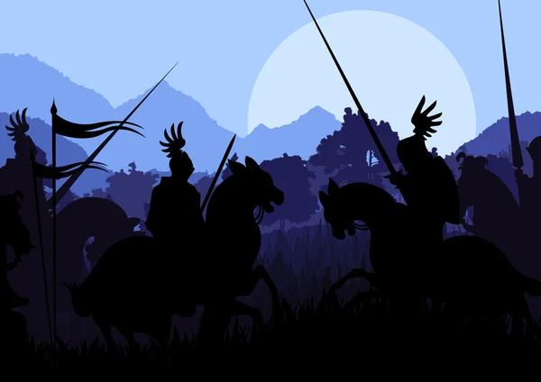 Medieval knight horseman silhouettes — Stock Vector