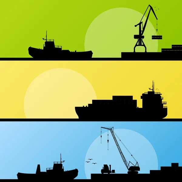 Puerto industrial, barcos, transporte y grúa en tierra firme — Vector de stock