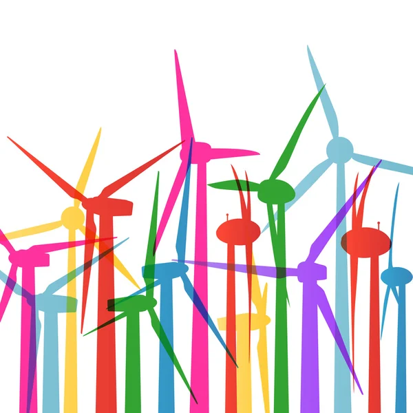 Générateurs d'électricité éolienne colorés et moulins à vent ecol détaillée — Image vectorielle
