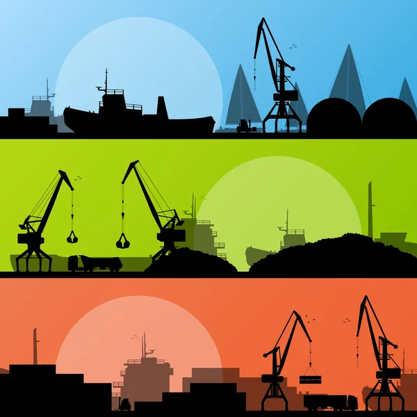 Industrial harbor, ships, transportation and crane seashore land — Stock Vector