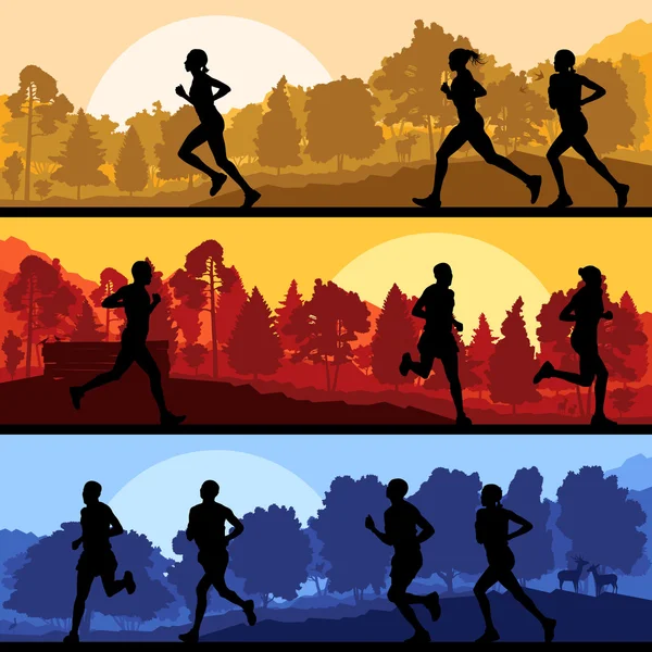 Marathon runners in wild forest nature — Stock Vector
