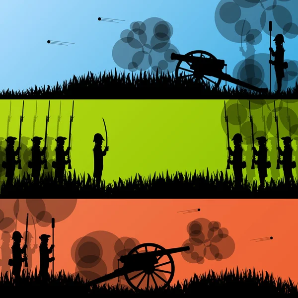 Vintage old civil war battle field warfare soldier troops and ar — Stock Vector