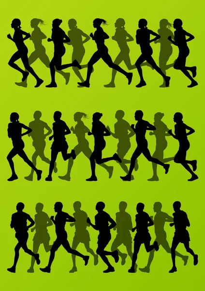 Marathon coureurs détaillé actif homme et femme illustration silh — Image vectorielle