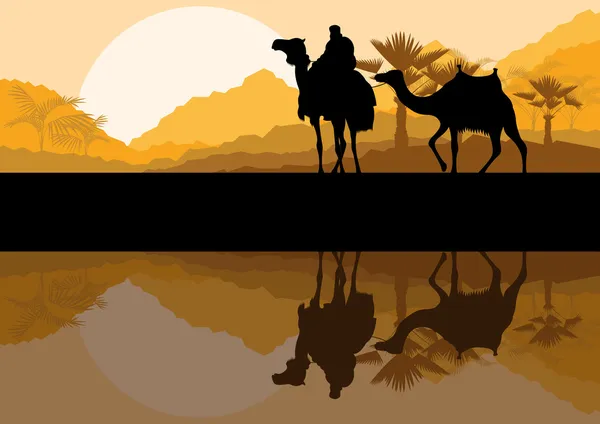 Caravana de camelo no deserto selvagem montanha natureza paisagem vetor — Vetor de Stock